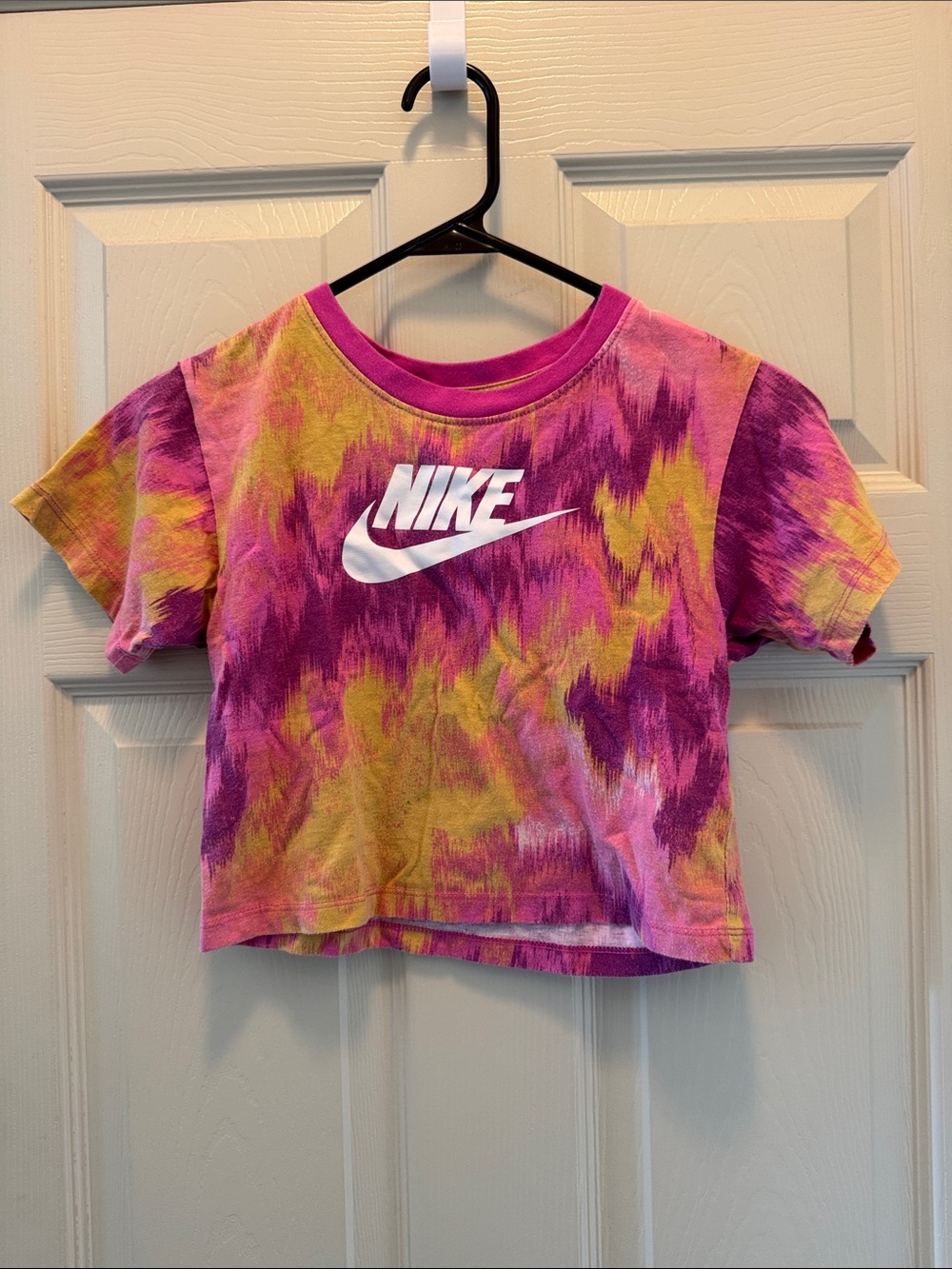 Nike Girls Pink, Purple & Yellow Tie-Dye Crop Tee with White Logo